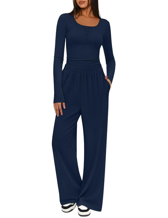 MEROKEETY Lounge Sets Henley Shirts Wide Leg Pants Matching Sets