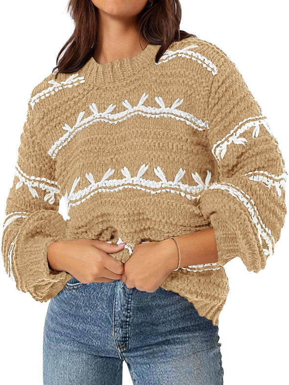 MEROKEETY Crew Neck Chunky Contrast Knit Pullover Sweaters