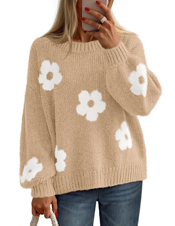 MEROKEETY Floral Cute Long Lantern Sleeve Crewneck Knit Pullover Tops