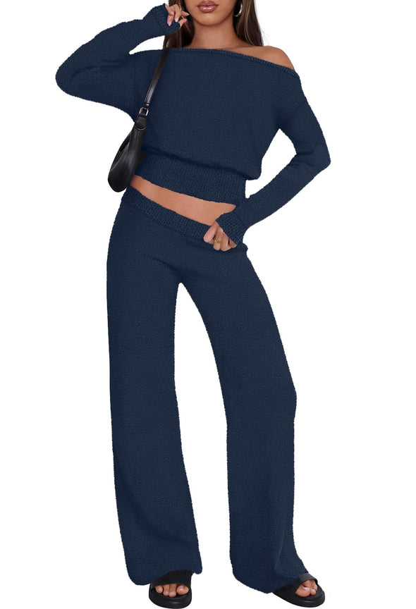 MEROKEETY Pajama Set Fuzzy Fleece Loungewear Off Shoulder Sweater Tops