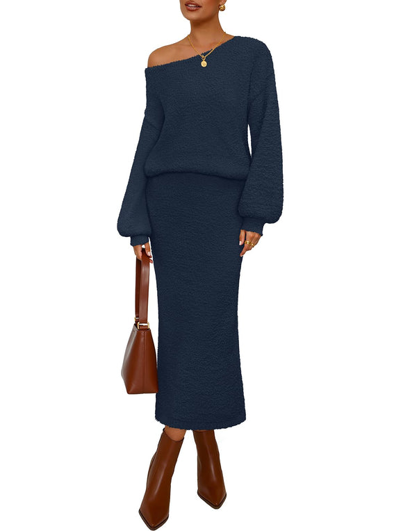 MEROKEETY Fall Fuzzy Boat Neck Pullover Top Maxi Skirt