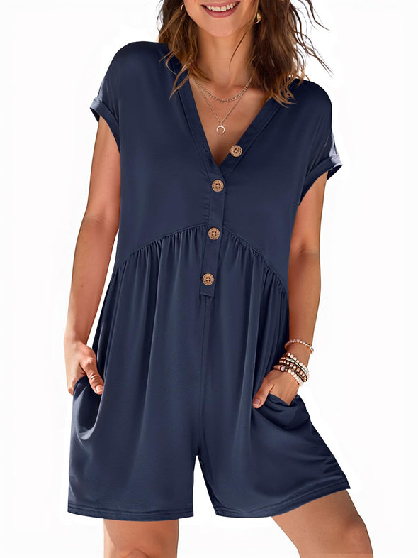 MEROKEETY Cap Sleeve Jumpsuits V Neck Button Short Romper