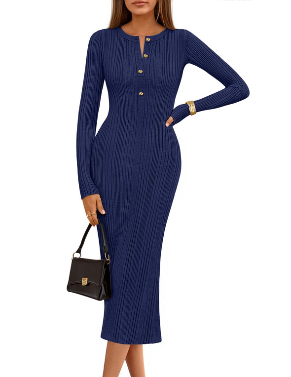 MEROKEETY Bodycon Sweater Button Crew Neck Ribbed Knit Dresses