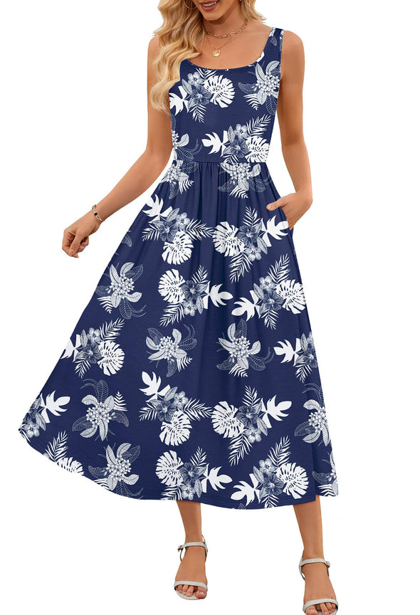 MEROKEETY Casual Floral Sleeveless Flowy Boho Tank Midi Dresses