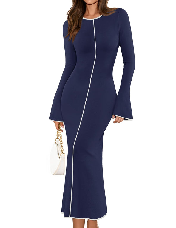 MEROKEETY Bell Sweater Elegant Bodycon Color Block Knit Dresses