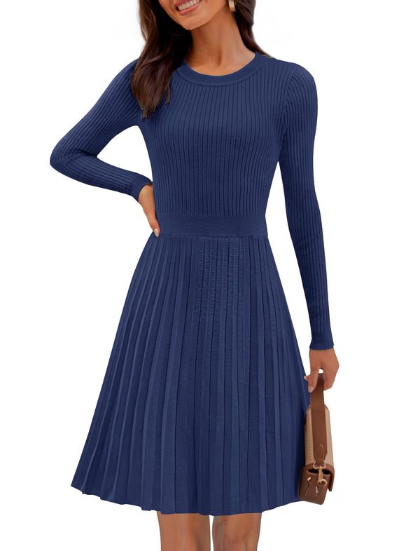 MEROKEETY Crewneck Ribbed Knit A Line Pleated Swing Short Dresses