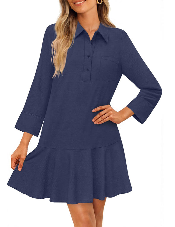 MEROKEETY 3/4 Sleeve Shirt Button Down Shift Pleated Midi Dresses