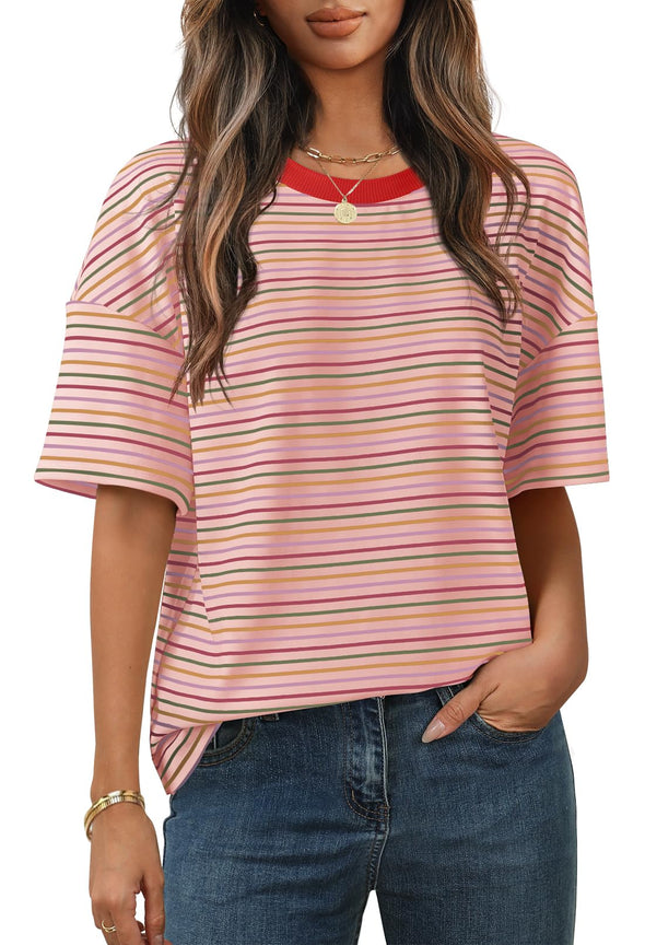 MEROKEETY Casual Colourful Striped Crewneck Loose Tops