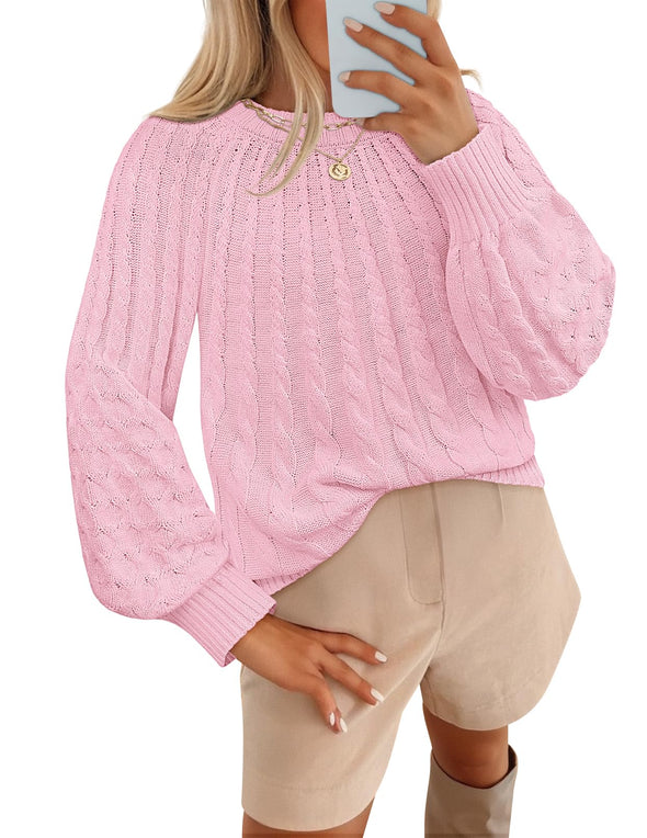 MEROKEETY Cable Knit Warm Crew Neck Lantern Chunky Winter Pullover Tops