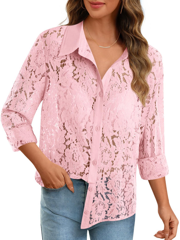 MEROKEETY Lace Sheer Blouses Dressy Down Collared Shirts