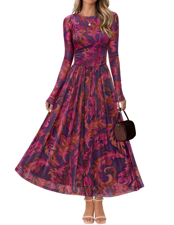 MEROKEETY Wedding Guest Crewneck Floral Flowy Mesh Cocktail Dresses