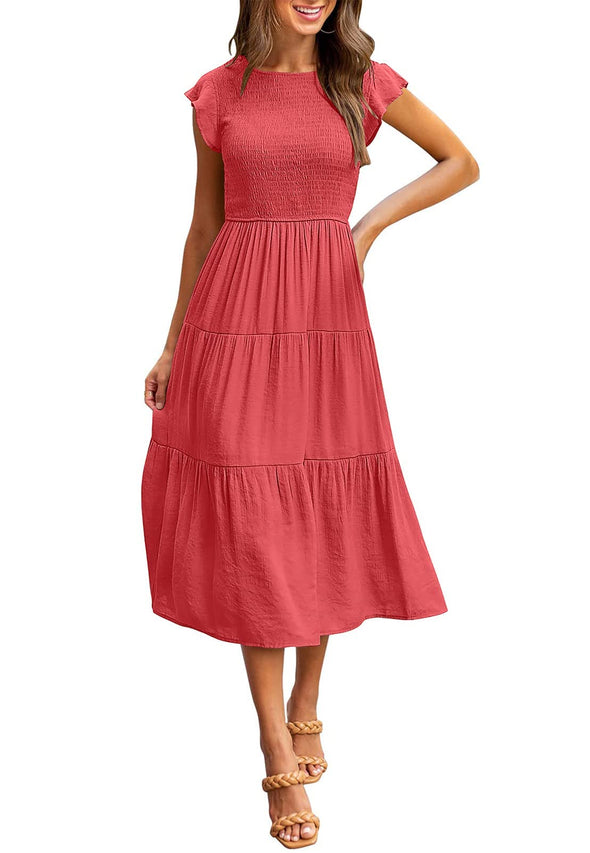 MEROKEETY Short Sleeve Smocke Tiered A-Line Dress