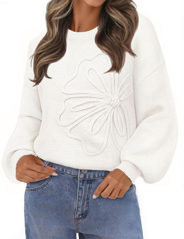 MEROKEETY Floral Crew Neck Lantern Warm Chunky Pullover Tops