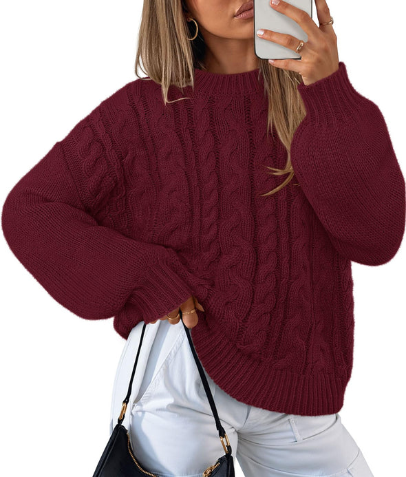 MEROKEETY Chunky Cable Knit Solid Crewneck Casual Pullover Tops