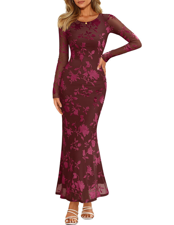 MEROKEETY Formal Wedding Bodycon Floral Mesh Cocktail Dresses