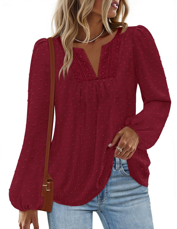 MEROKEETY Fall Blouse Crochet Lace V Neck Swiss Dot Tops