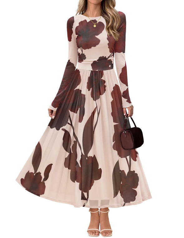 MEROKEETY Wedding Guest Crewneck Floral Flowy Mesh Cocktail Dresses