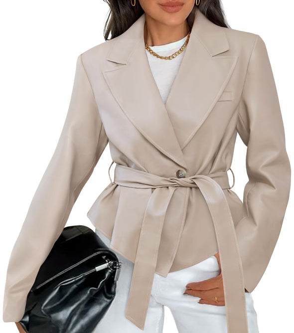 MEROKEETY Leather Jacket Belt Button Down Blazer Trendy Coat