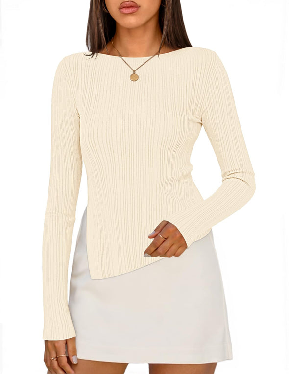 MEROKEETY Sweater Boat Neck Ribbed Asymmetric Lightweight Knit Shirts