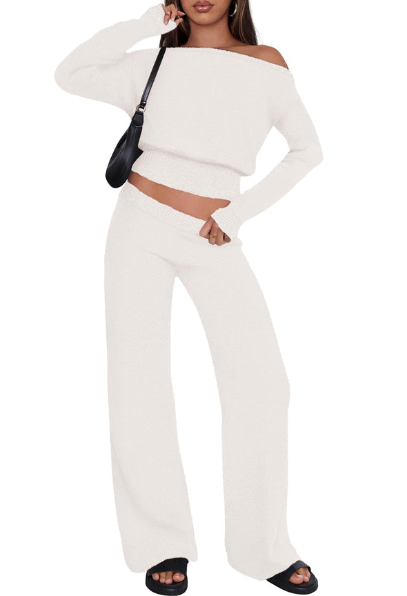 MEROKEETY Pajama Set Fuzzy Fleece Loungewear Off Shoulder Sweater Tops