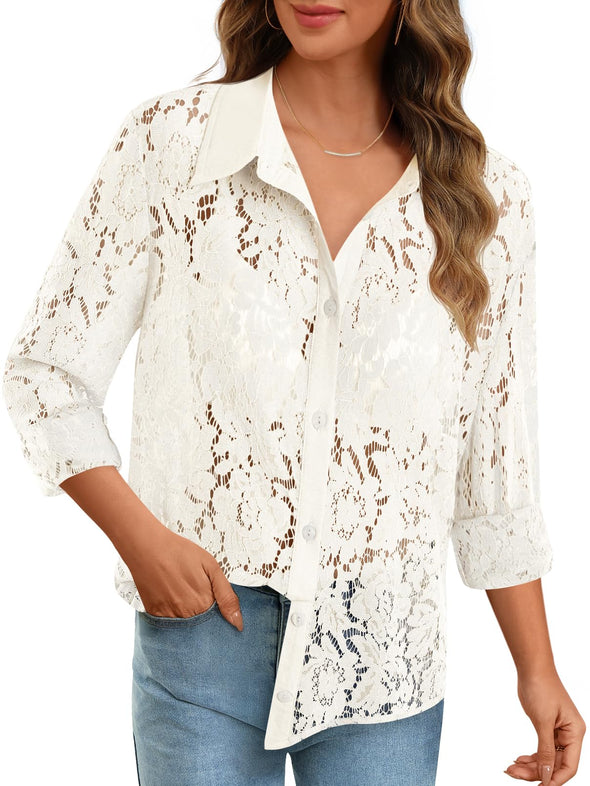 MEROKEETY Lace Sheer Blouses Dressy Down Collared Shirts