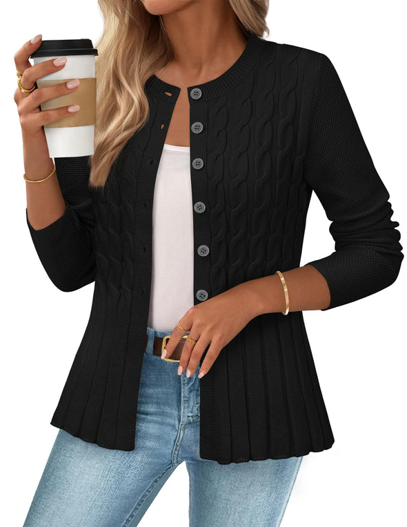 MEROKEETY Cable Knit Peplum Open Front Button Down Soft Knitted Coat