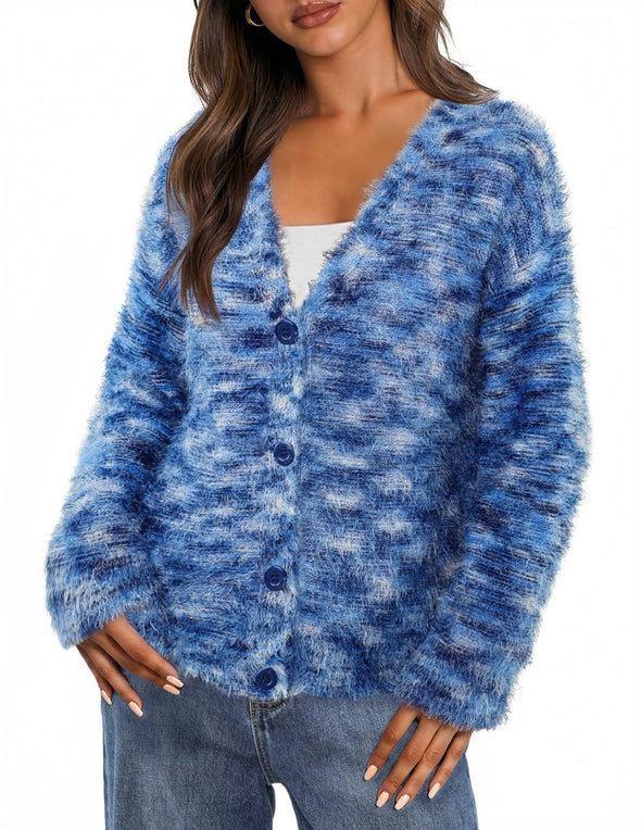 MEROKEETY Fluffy Heathered Knit Button Down Drop Shoulder Coat