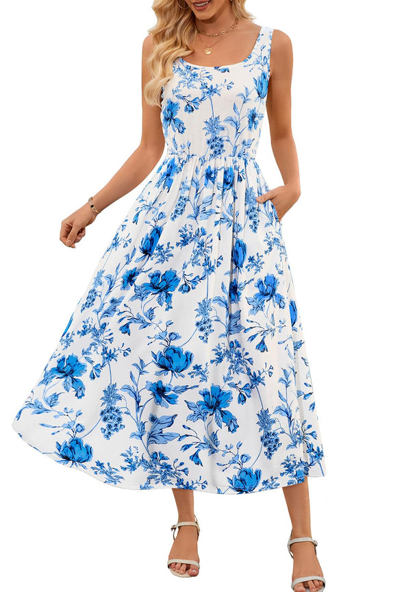 MEROKEETY Casual Floral Sleeveless Flowy Boho Tank Midi Dresses