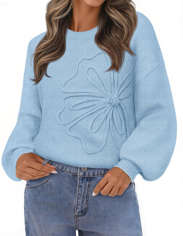 MEROKEETY Floral Crew Neck Lantern Warm Chunky Pullover Tops