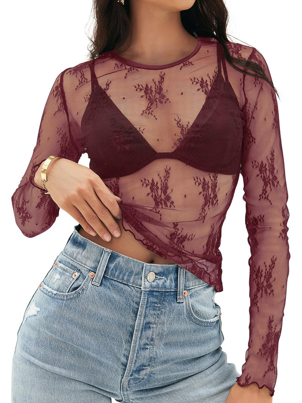 MEROKEETY Lace Sheer Mesh Sexy Y2k See Through Blouse Shirts