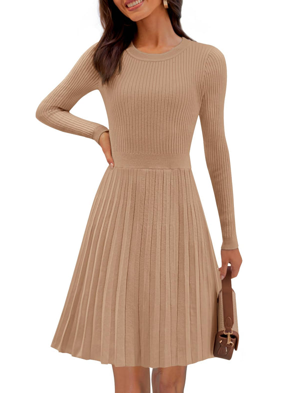 MEROKEETY Crewneck Ribbed Knit A Line Pleated Swing Short Dresses