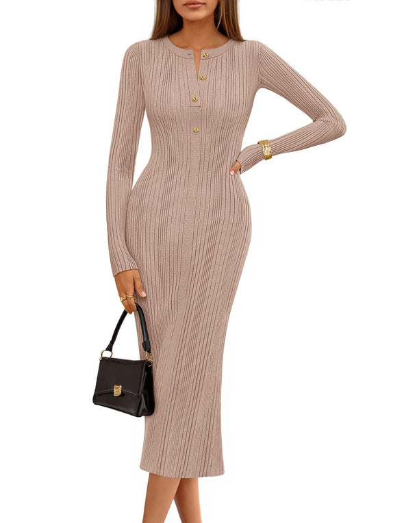 MEROKEETY Bodycon Sweater Button Crew Neck Ribbed Knit Dresses