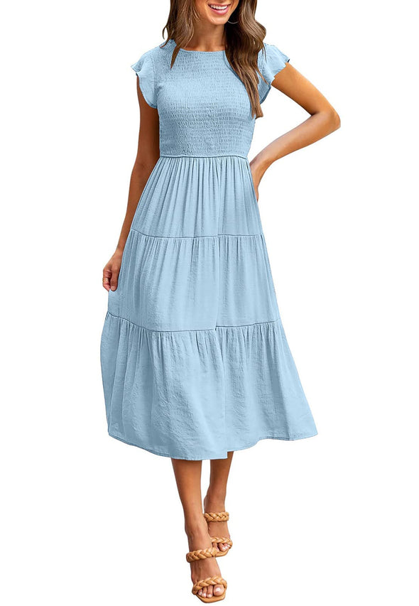 MEROKEETY Short Sleeve Smocke Tiered A-Line Dress