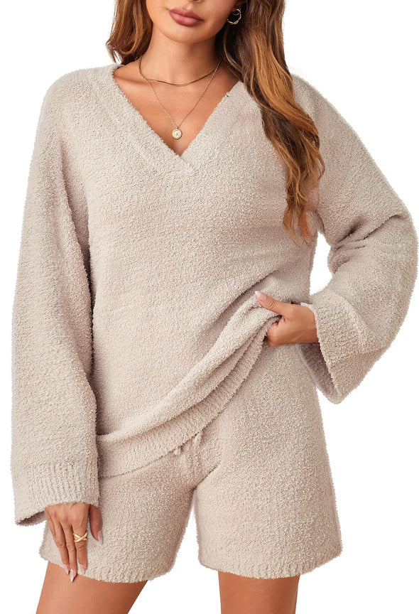 MEROKEETY Fuzzy Fleece Long Sleeve Tops and Shorts Pajamas Set