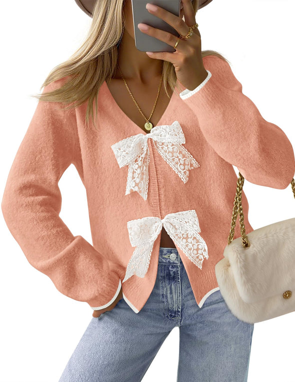 MEROKEETY Tie Front Bow Sweaters Chunky Knit Cute Trendy Coats