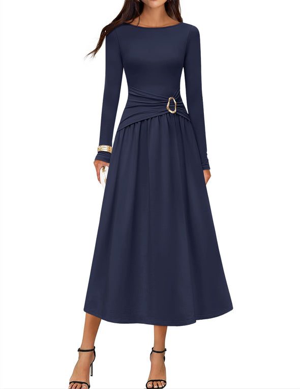 MEROKEETY Elegant Boat Neck Ruched Swing Cocktail Party Dresses