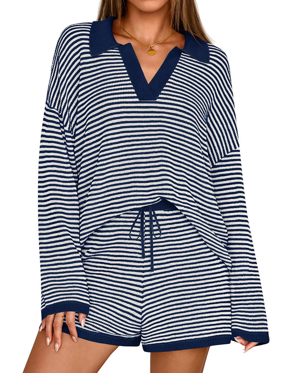 MEROKEETY Casual Striped Sweater Tops Shorts Matching Set