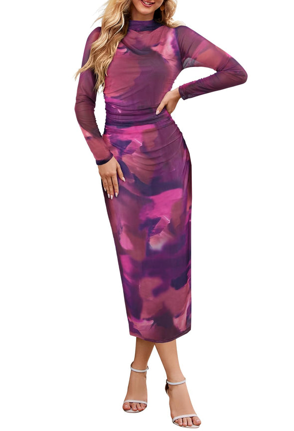 MEROKEETY Tie Dye Bodycon Mock Neck Mesh Ruched Dresses