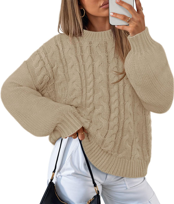 MEROKEETY Chunky Cable Knit Solid Crewneck Casual Pullover Tops