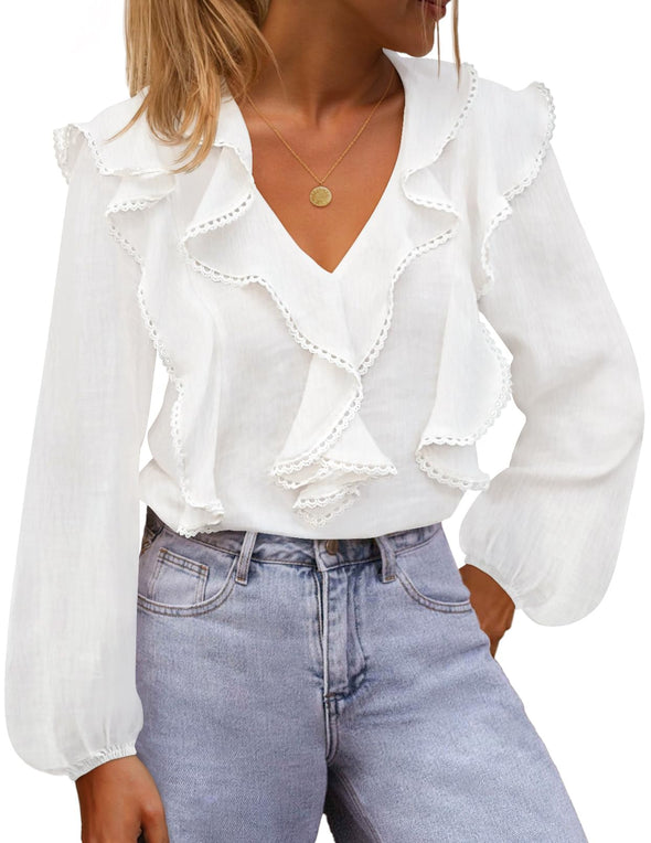 MEROKEETY Ruffle Blouse Dressy Top V Neck Trendy Work Shirts