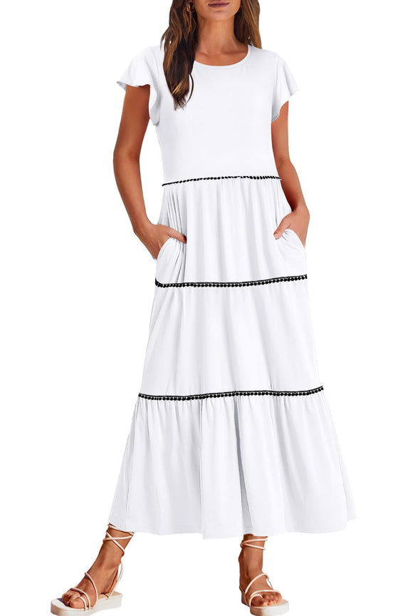 MEROKEETY Short Sleeve Crewneck Flowy Tiered Beach Dresses