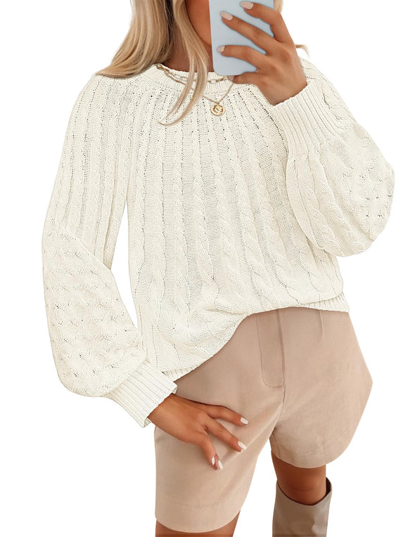 MEROKEETY Cable Knit Warm Crew Neck Lantern Chunky Winter Pullover Tops