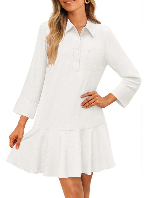 MEROKEETY 3/4 Sleeve Shirt Button Down Shift Pleated Midi Dresses