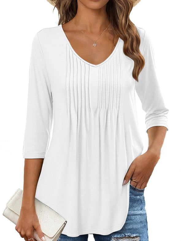 MEROKEETY 3/4 Sleeve Tunic V Neck Basic Pleated Loose Shirts