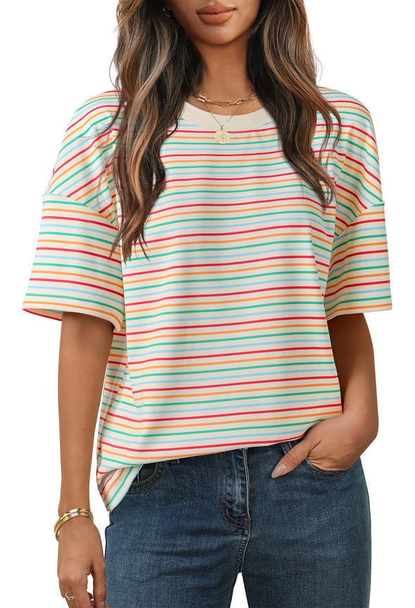 MEROKEETY Casual Colourful Striped Crewneck Loose Tops