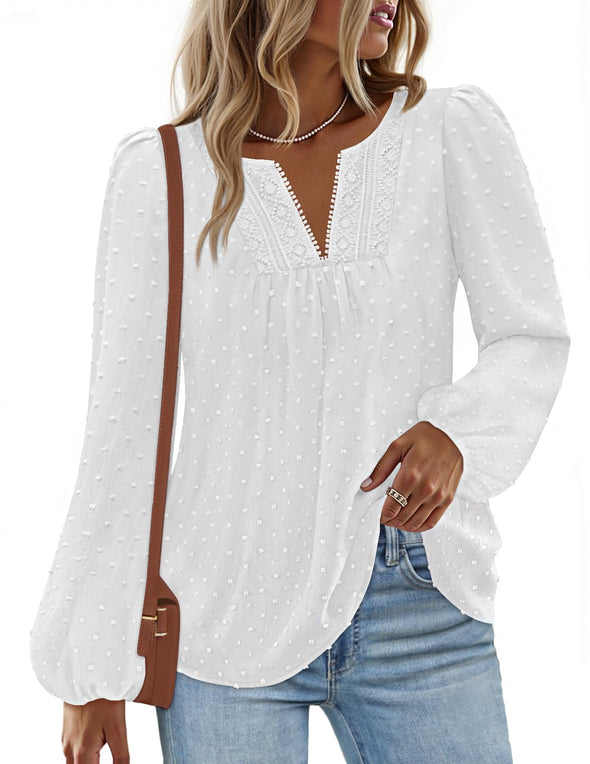 MEROKEETY Fall Blouse Crochet Lace V Neck Swiss Dot Tops