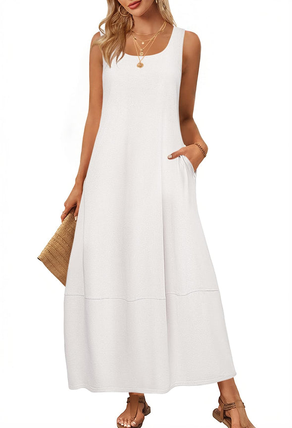 MEROKEETY Beach Dress Scoop Neck Sleeveless Loose Tank Dress