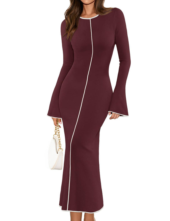 MEROKEETY Bell Sweater Elegant Bodycon Color Block Knit Dresses