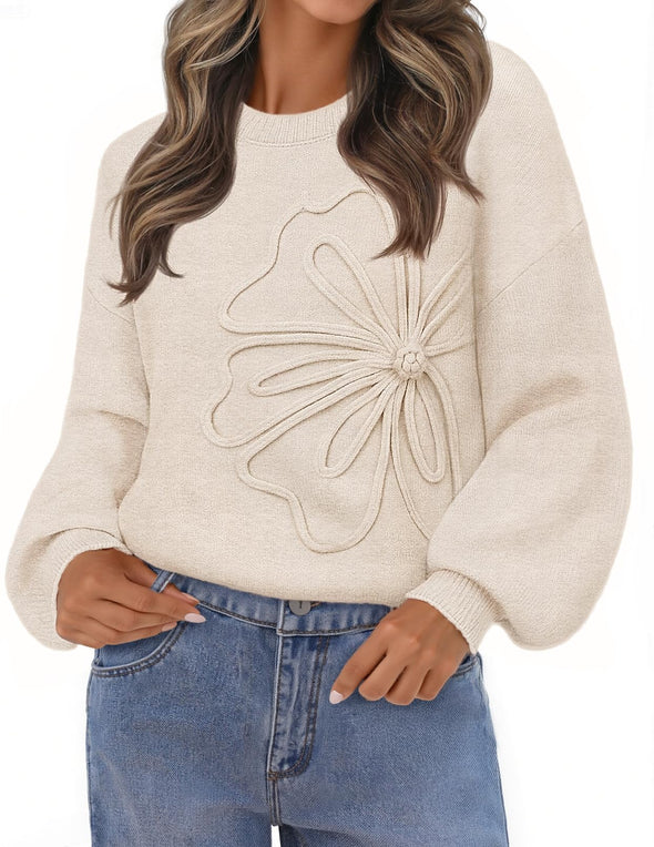 MEROKEETY Floral Crew Neck Lantern Warm Chunky Pullover Tops
