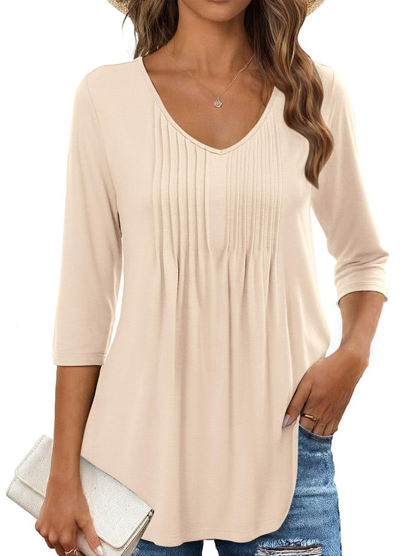 MEROKEETY 3/4 Sleeve Tunic V Neck Basic Pleated Loose Shirts